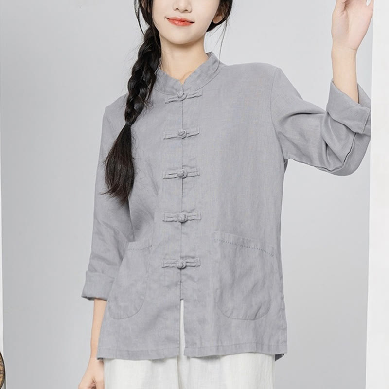 Linen Stand-Collar Frog-Button Mindful Meditation Shirt