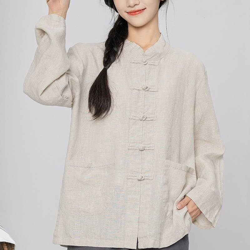Linen Stand-Collar Frog-Button Mindful Meditation Shirt