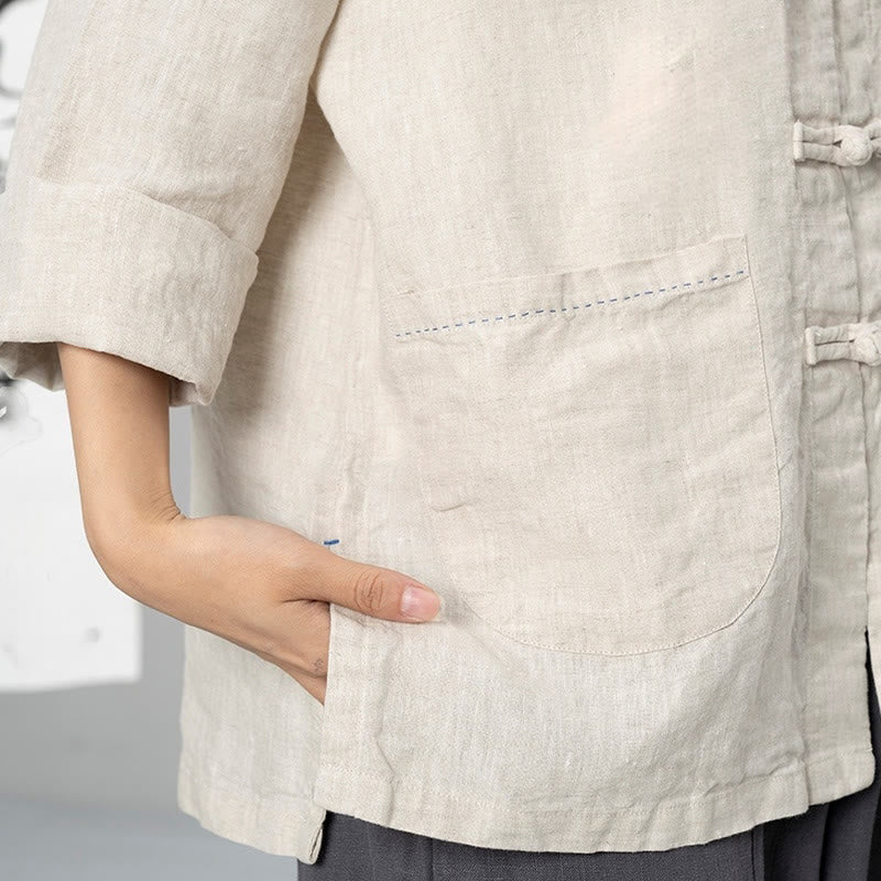 Linen Stand-Collar Frog-Button Mindful Meditation Shirt