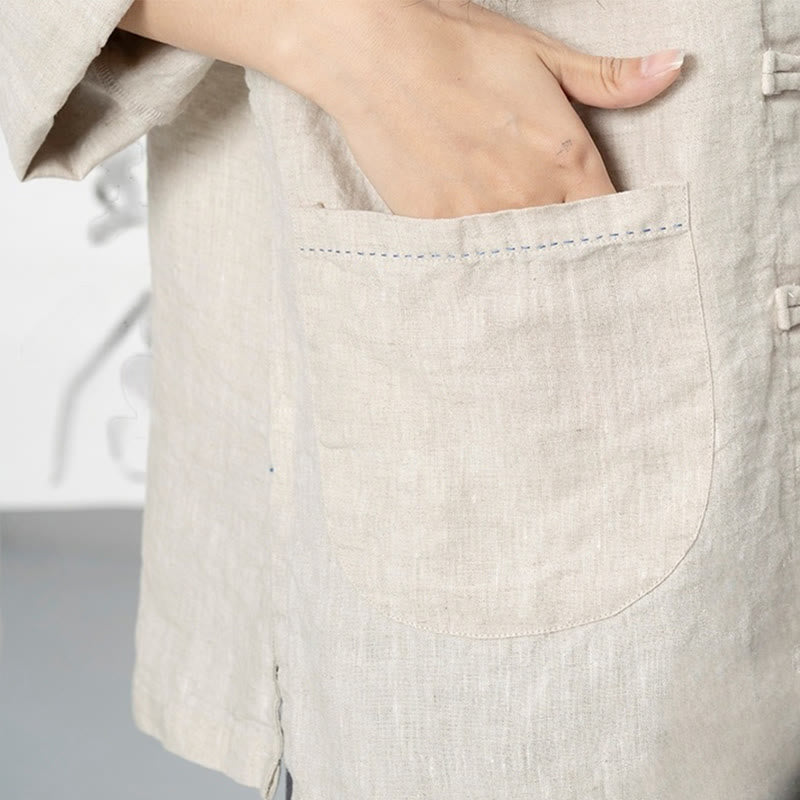 Linen Stand-Collar Frog-Button Mindful Meditation Shirt