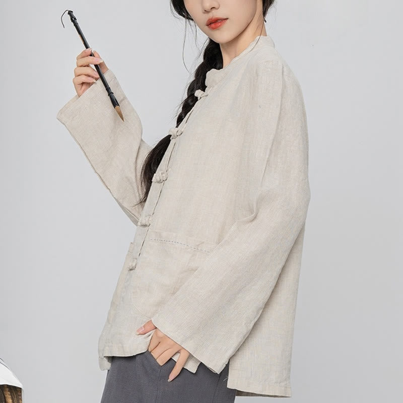 Linen Stand-Collar Frog-Button Mindful Meditation Shirt
