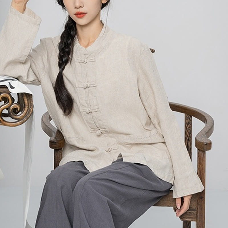 Linen Stand-Collar Frog-Button Mindful Meditation Shirt