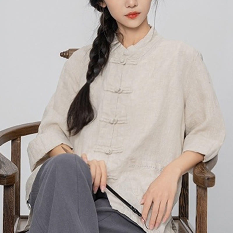 Linen Stand-Collar Frog-Button Mindful Meditation Shirt