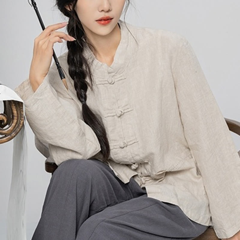 Linen Stand-Collar Frog-Button Mindful Meditation Shirt