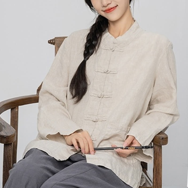 Linen Stand-Collar Frog-Button Mindful Meditation Shirt