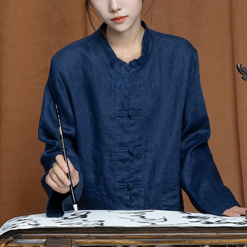 Linen Stand-Collar Frog-Button Mindful Meditation Shirt