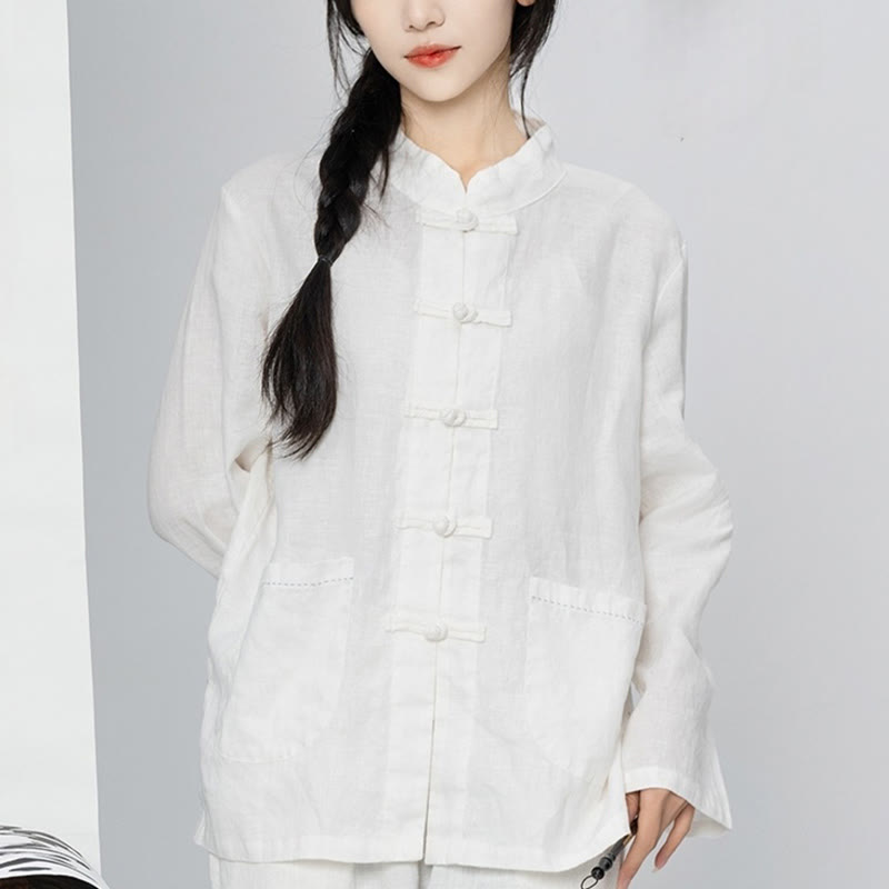 Linen Stand-Collar Frog-Button Mindful Meditation Shirt