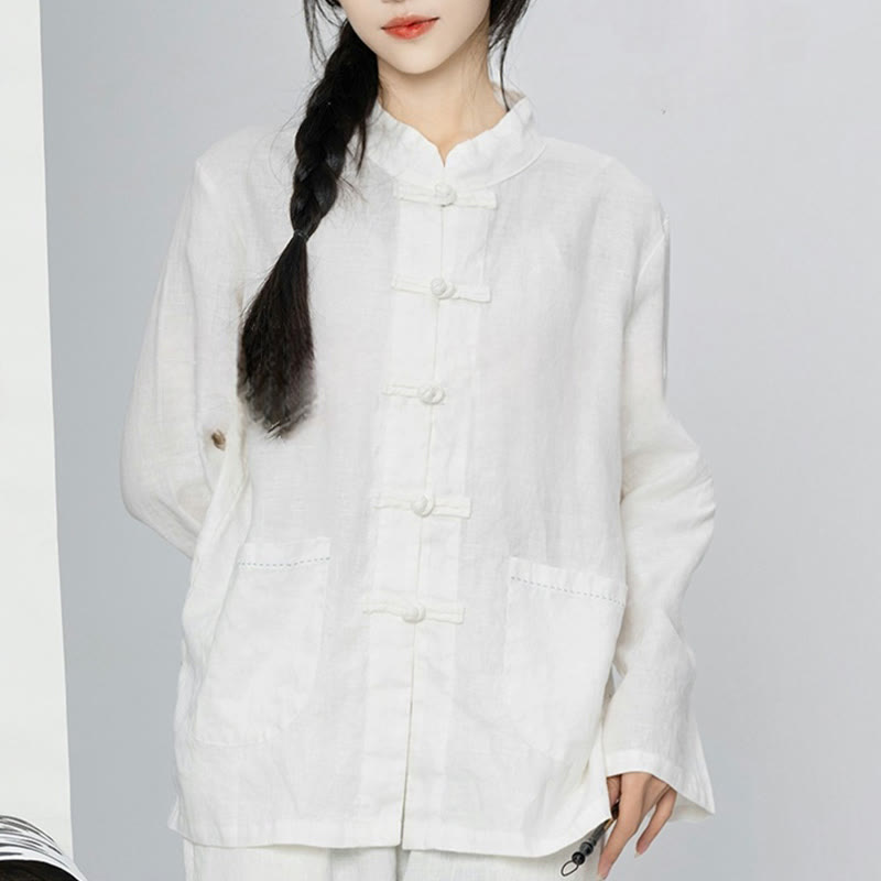 Linen Stand-Collar Frog-Button Mindful Meditation Shirt