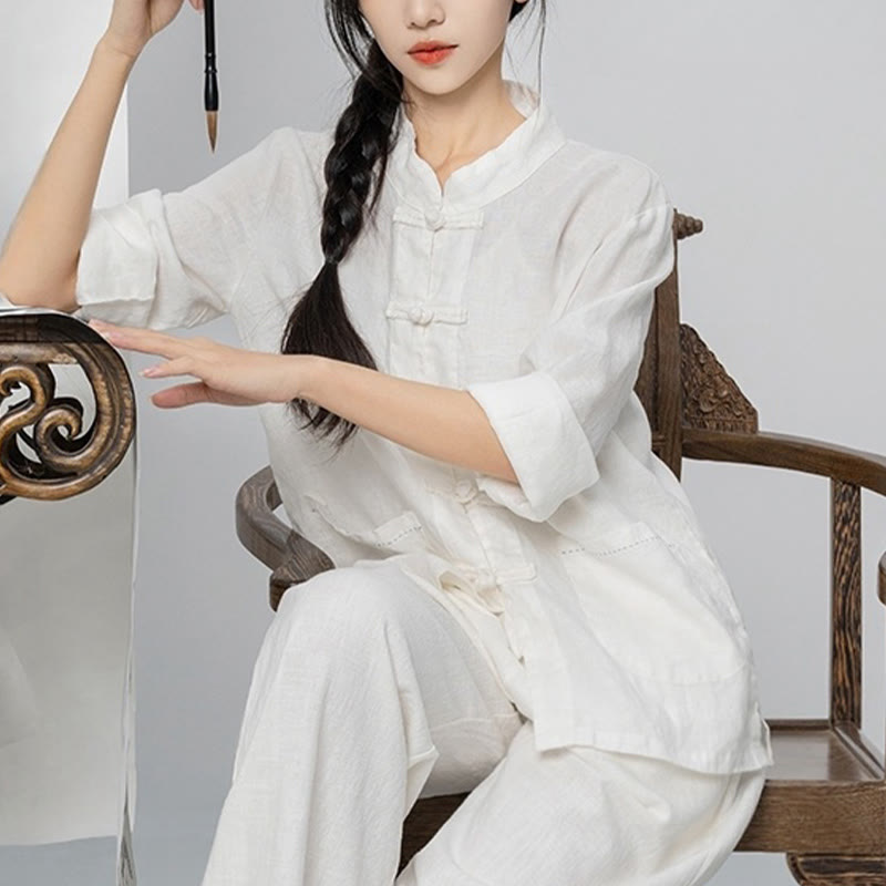 Linen Stand-Collar Frog-Button Mindful Meditation Shirt