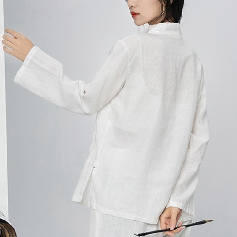 Linen Stand-Collar Frog-Button Mindful Meditation Shirt