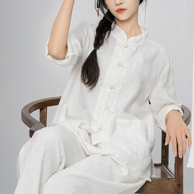 Linen Stand-Collar Frog-Button Mindful Meditation Shirt