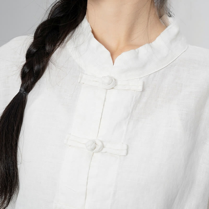 Linen Stand-Collar Frog-Button Mindful Meditation Shirt