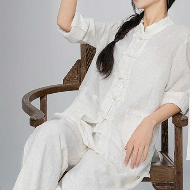 Linen Stand-Collar Frog-Button Mindful Meditation Shirt