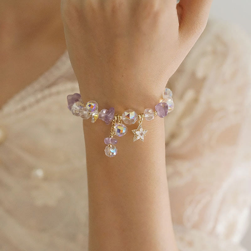 Natural Amethyst and Clear Quartz Star Charm Copper Accent Crystal Bracelet