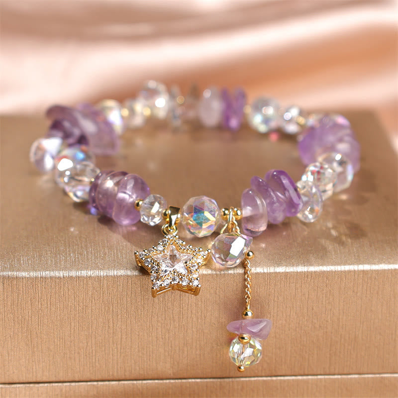 Natural Amethyst and Clear Quartz Star Charm Copper Accent Crystal Bracelet
