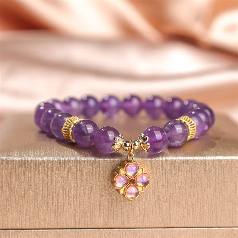 Natural Amethyst and Clear Quartz Four-Leaf Clover Copper Charm Beaded Bracelet