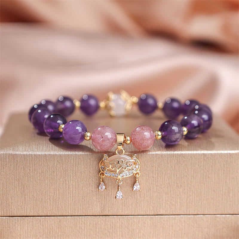 Natural Amethyst, Strawberry & Clear Quartz Beaded Bracelet with Copper Longevity Lock Charm