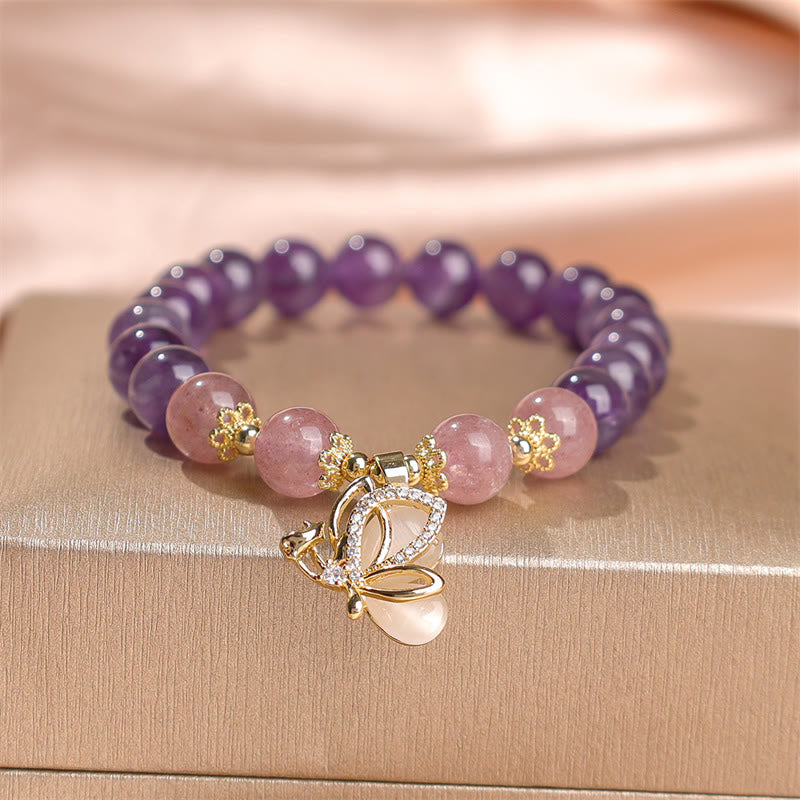 Natural Strawberry Quartz and Amethyst Crystal Butterfly Charm Bracelet