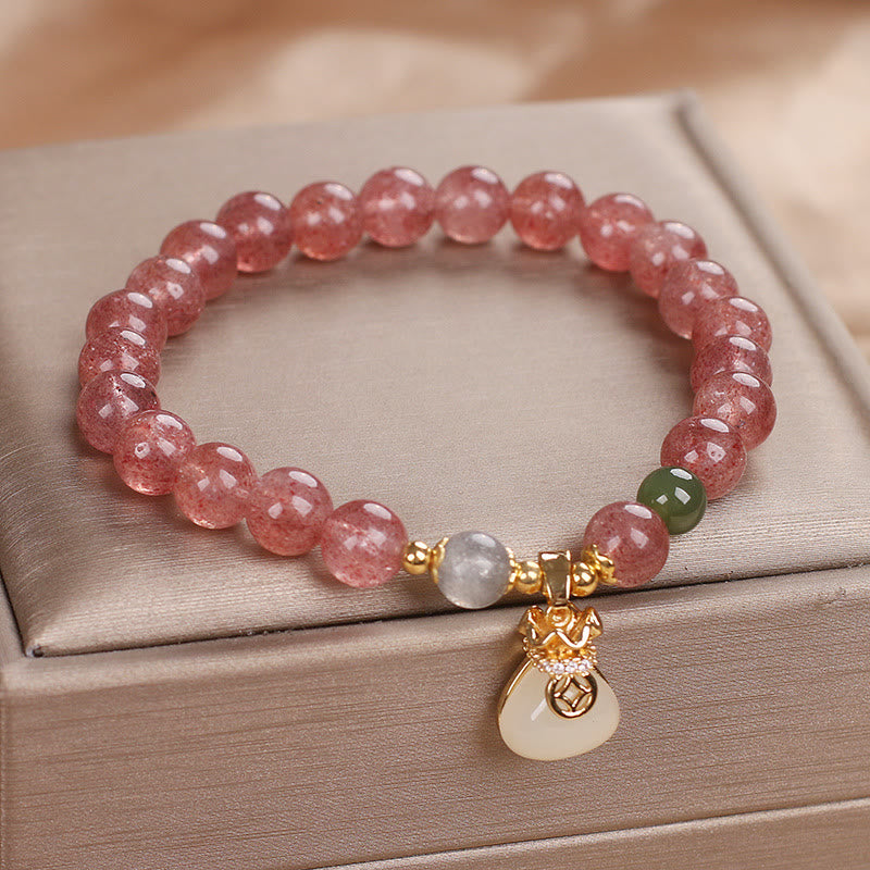 Natural Strawberry Quartz Money Bag Charm Positive Bracelet