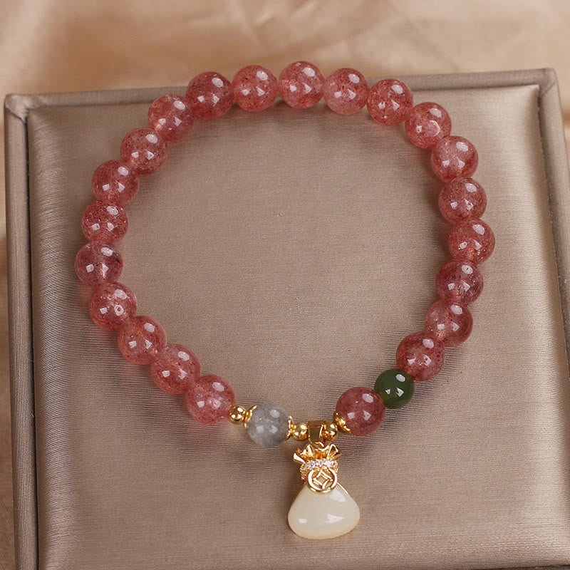 Natural Strawberry Quartz Money Bag Charm Positive Bracelet