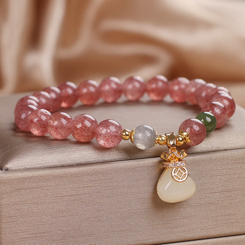 Natural Strawberry Quartz Money Bag Charm Positive Bracelet