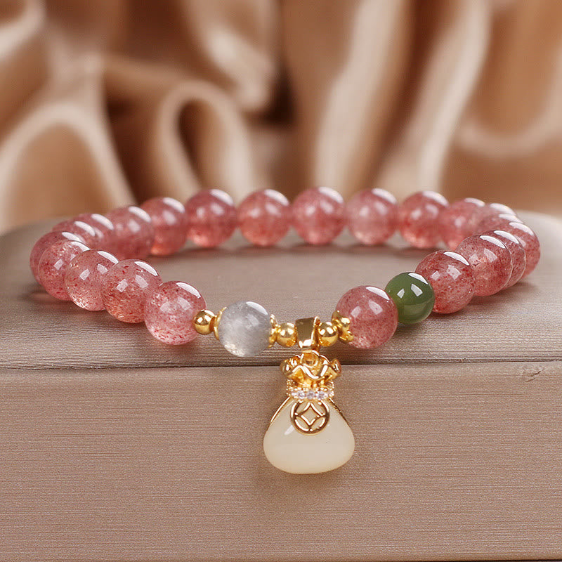 Natural Strawberry Quartz Money Bag Charm Positive Bracelet