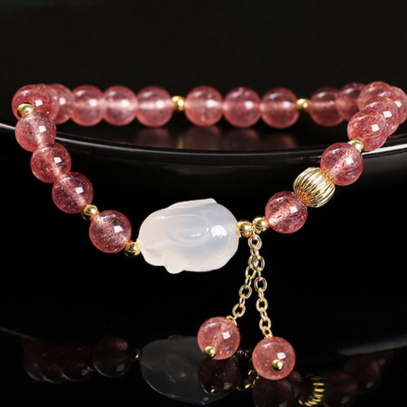 Natural Strawberry Quartz and Agate Rabbit Copper Charm Bracelet