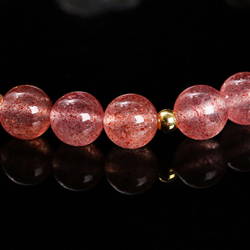 Natural Strawberry Quartz and Agate Rabbit Copper Charm Bracelet
