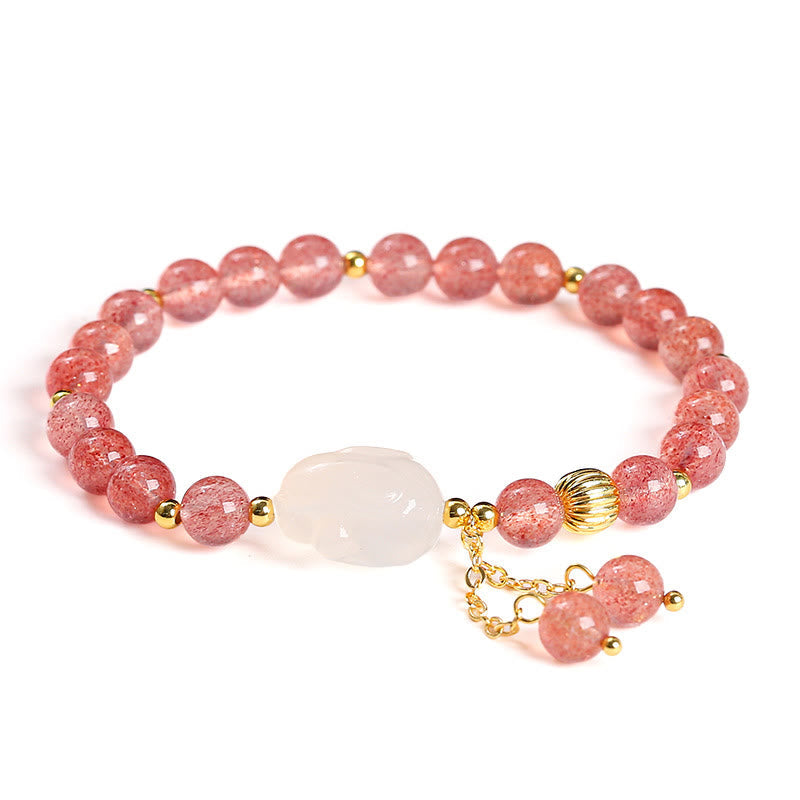 Natural Strawberry Quartz and Agate Rabbit Copper Charm Bracelet