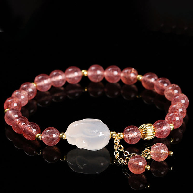 Natural Strawberry Quartz and Agate Rabbit Copper Charm Bracelet