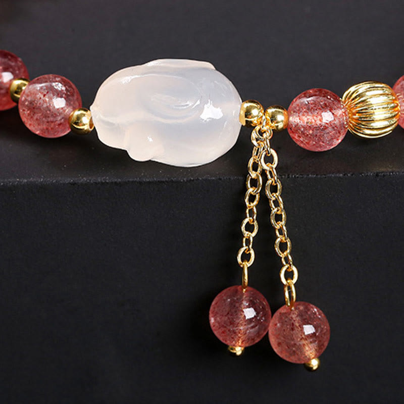Natural Strawberry Quartz and Agate Rabbit Copper Charm Bracelet