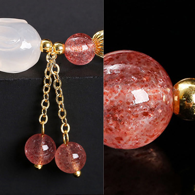 Natural Strawberry Quartz and Agate Rabbit Copper Charm Bracelet