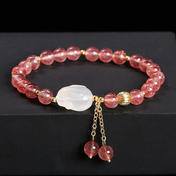 Natural Strawberry Quartz and Agate Rabbit Copper Charm Bracelet
