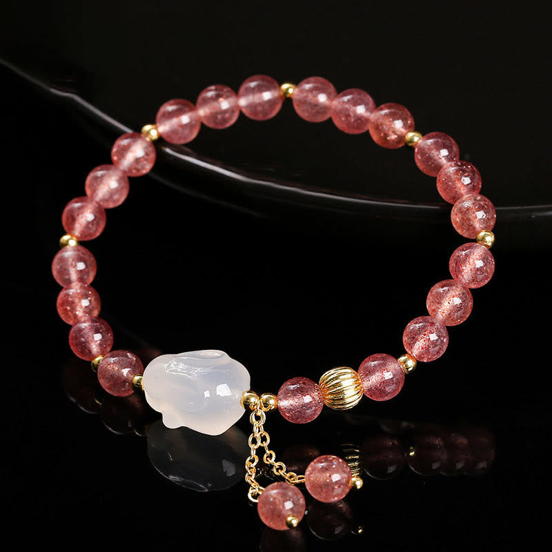 Natural Strawberry Quartz and Agate Rabbit Copper Charm Bracelet