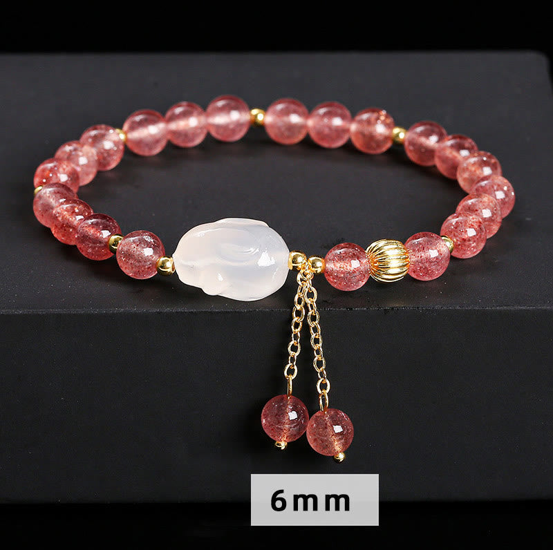 Natural Strawberry Quartz and Agate Rabbit Copper Charm Bracelet