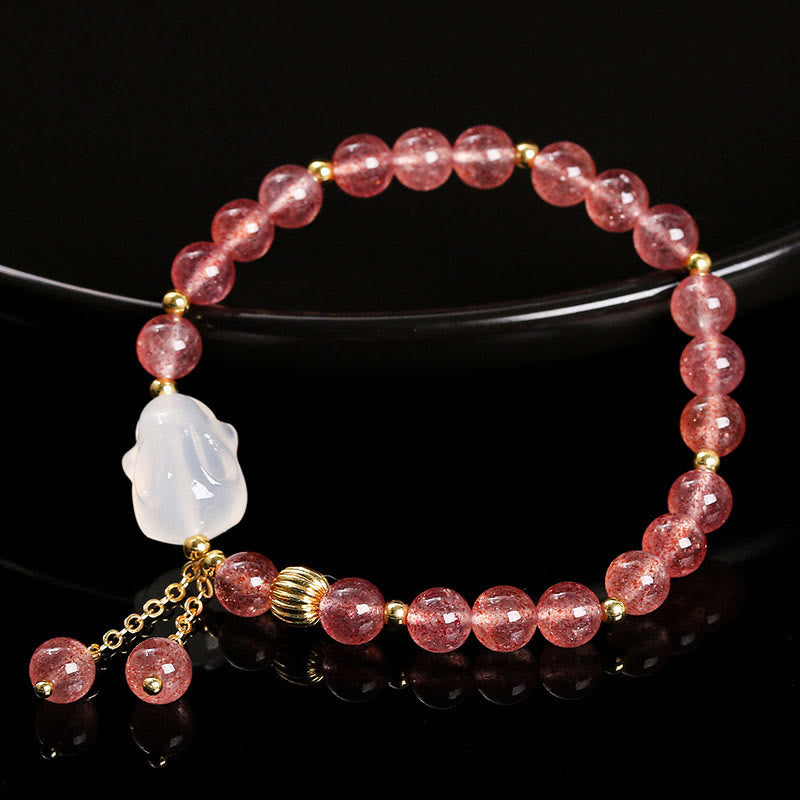 Natural Strawberry Quartz and Agate Rabbit Copper Charm Bracelet