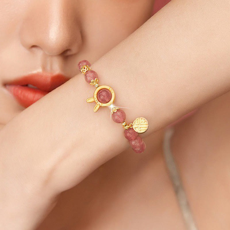 Strawberry Quartz Beaded Bracelet with Rabbit Charm and Fu Character Accent