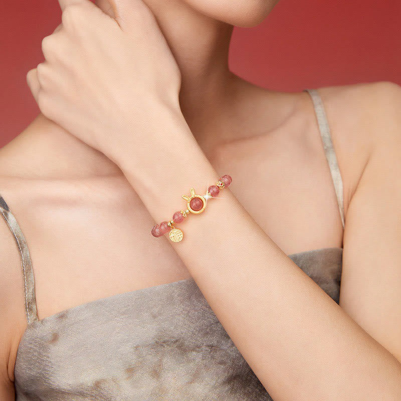 Strawberry Quartz Beaded Bracelet with Rabbit Charm and Fu Character Accent