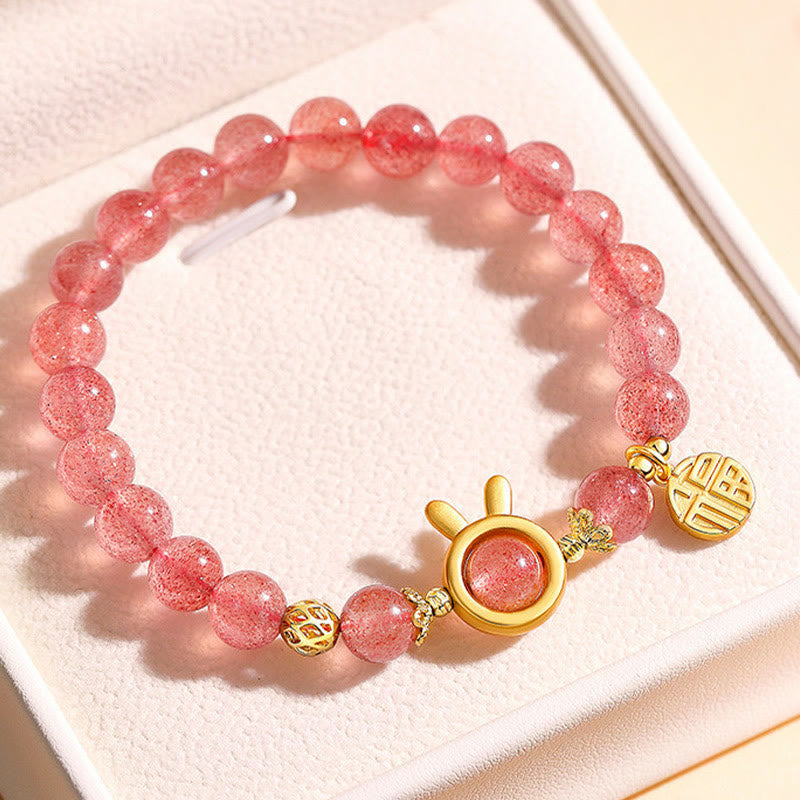 Strawberry Quartz Beaded Bracelet with Rabbit Charm and Fu Character Accent