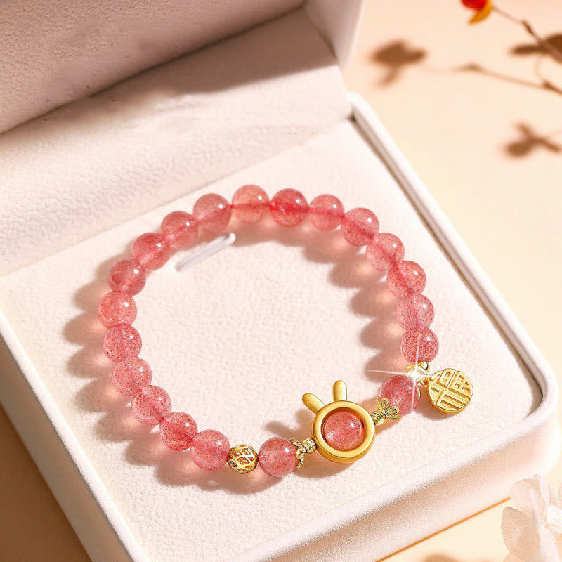 Strawberry Quartz Beaded Bracelet with Rabbit Charm and Fu Character Accent