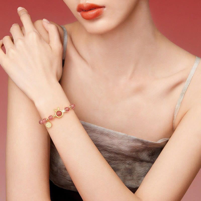 Strawberry Quartz Beaded Bracelet with Rabbit Charm and Fu Character Accent