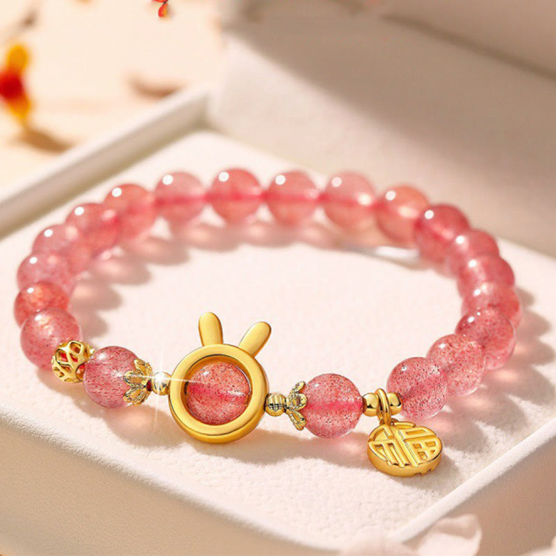Strawberry Quartz Beaded Bracelet with Rabbit Charm and Fu Character Accent