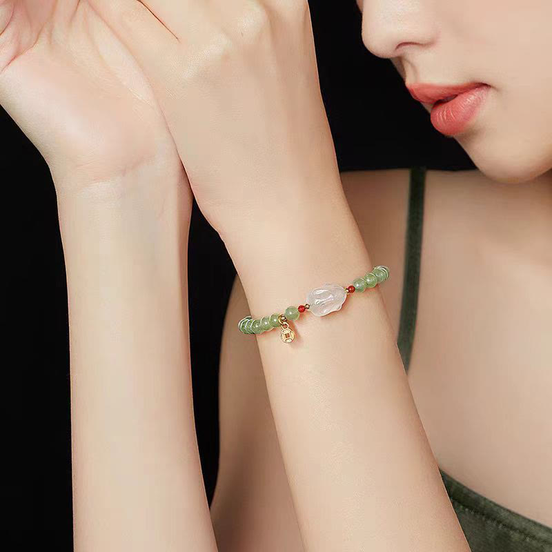 Natural Hetian Jade and Agate Rabbit Chinese Coin 6mm Copper Bracelet