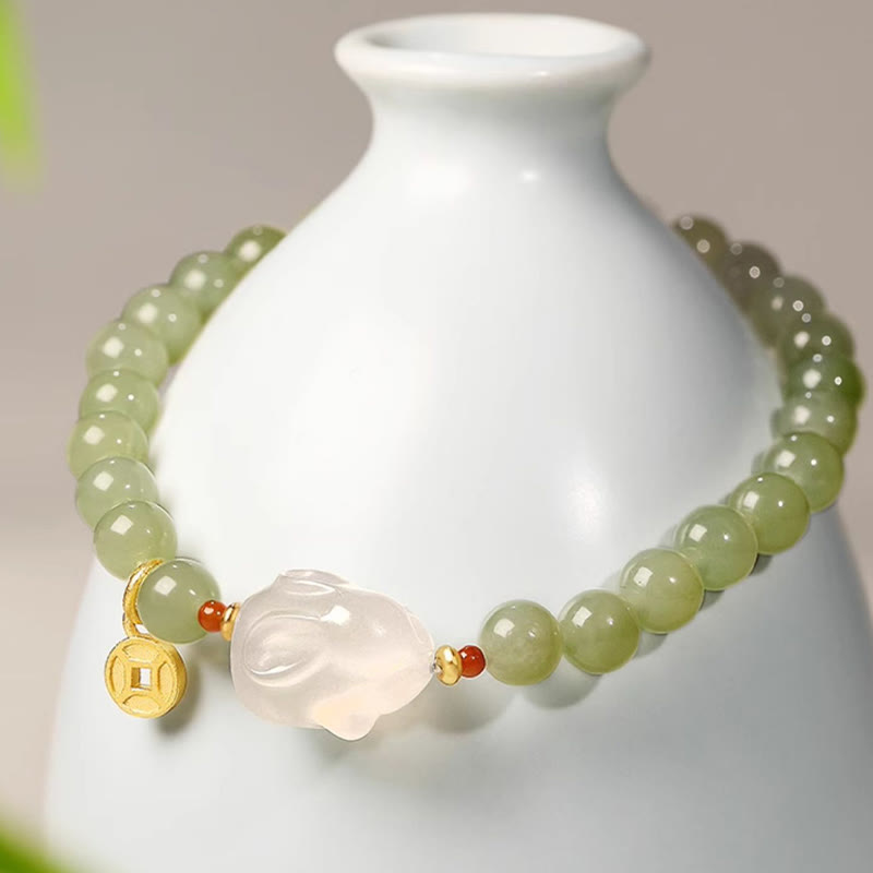 Natural Hetian Jade and Agate Rabbit Chinese Coin 6mm Copper Bracelet