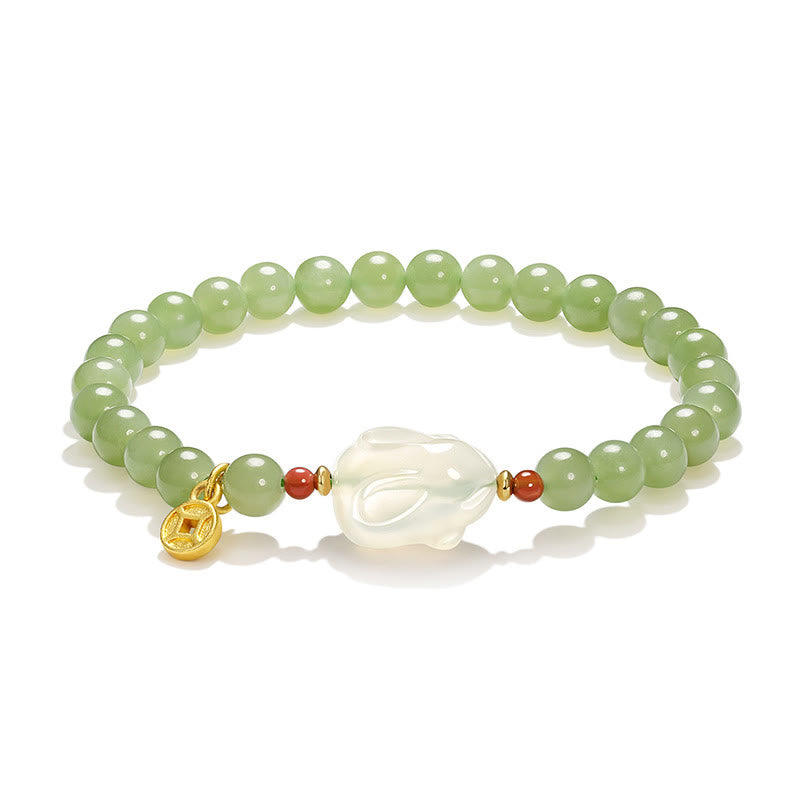 Natural Hetian Jade and Agate Rabbit Chinese Coin 6mm Copper Bracelet