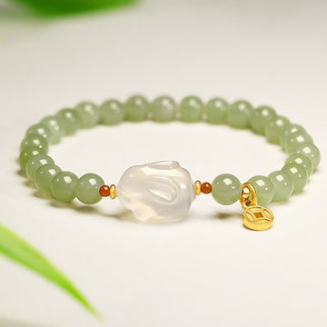 Natural Hetian Jade and Agate Rabbit Chinese Coin 6mm Copper Bracelet