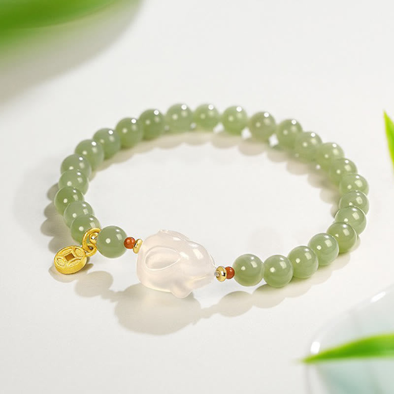 Natural Hetian Jade and Agate Rabbit Chinese Coin 6mm Copper Bracelet