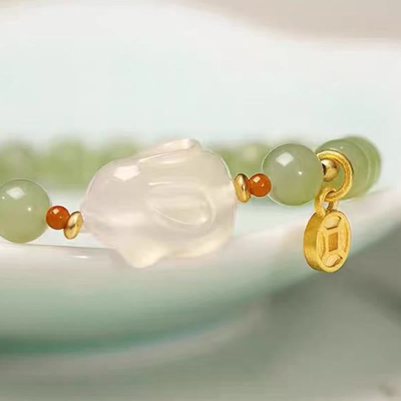 Natural Hetian Jade and Agate Rabbit Chinese Coin 6mm Copper Bracelet