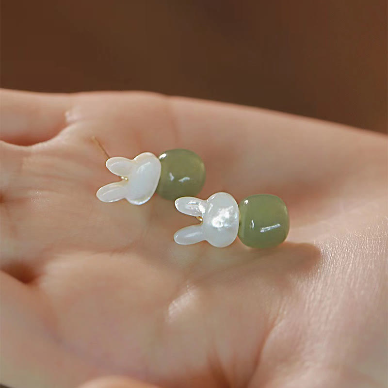 Tridacna Stone Cute Rabbit Hetian Jade Luck Earrings