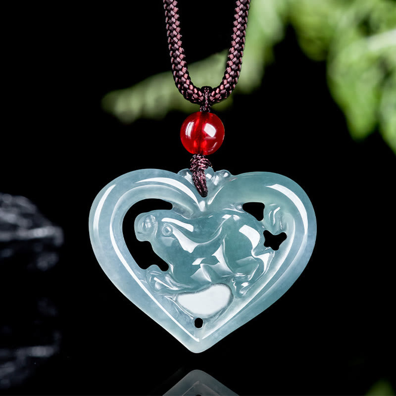 Natural Jade Love Heart Rabbit Luck Necklace Pendant